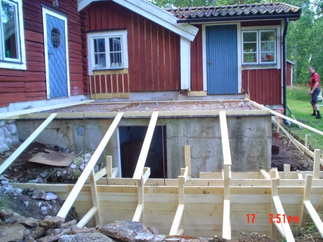 Formvirke rest för gjutning av grund vid ett rött trähus